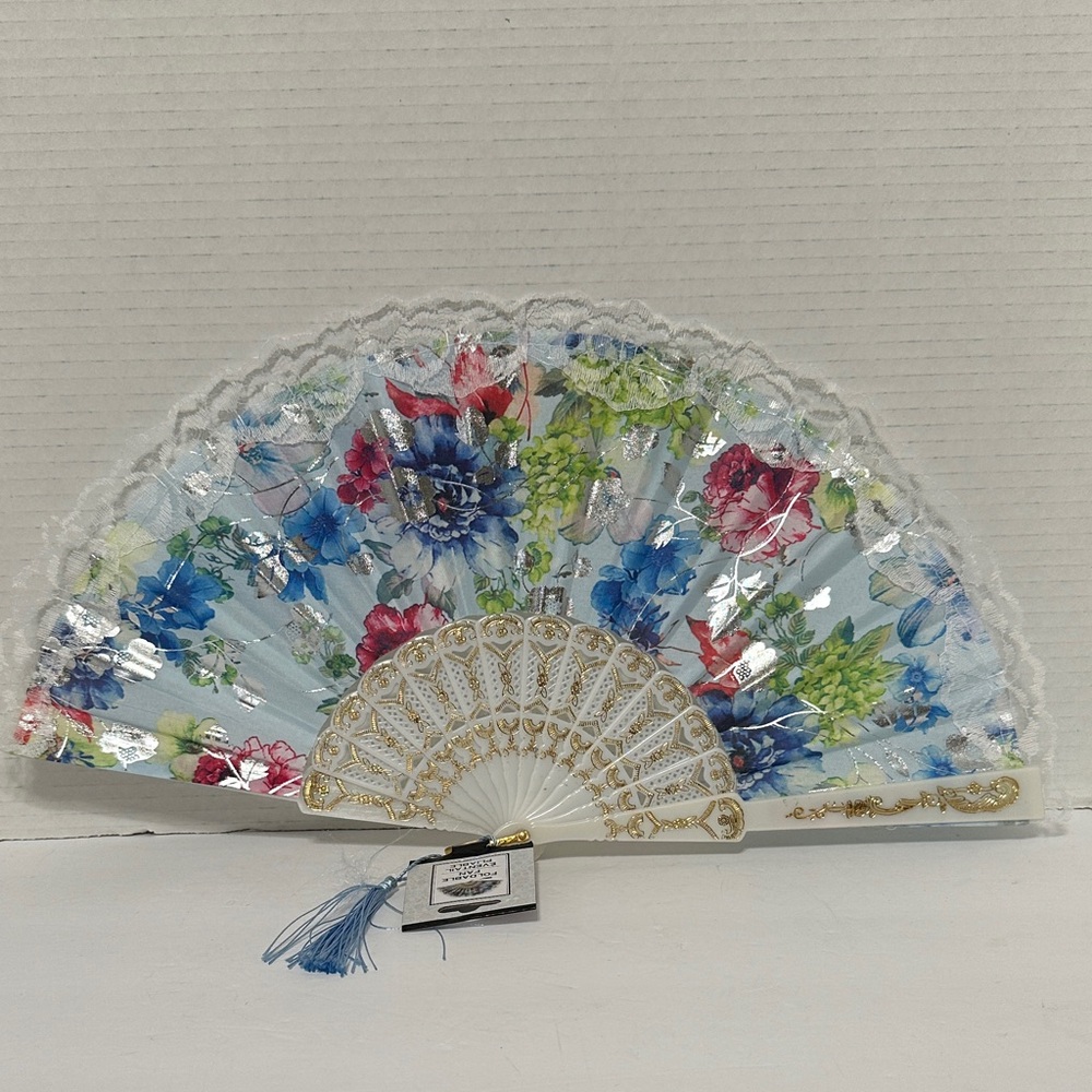 Foldable Fabric Hand  Fan With Floral Lace and Gold Embellishments Lot of 3
